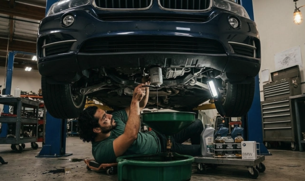 auto body shop in miami mechanic doing bmw oil change