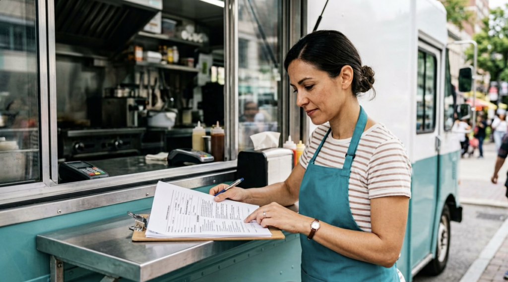 food truck owner signing insurance documents in miami