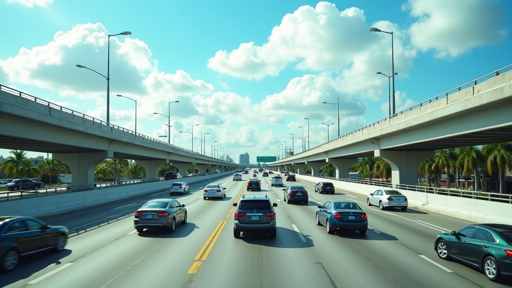 Florida highway traffic in Miami with all vehicles requiring auto insurance
