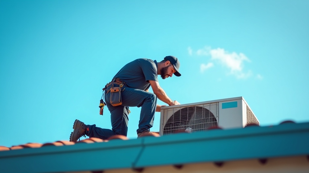 HVAC technician repairing rooftop AC unit in Florida