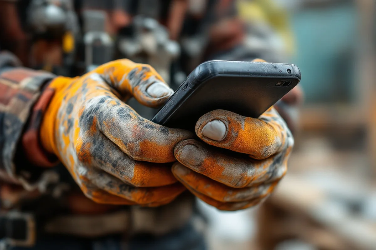 Contractor's gloved hands holding a phone at a job site to request a certificate of insurance