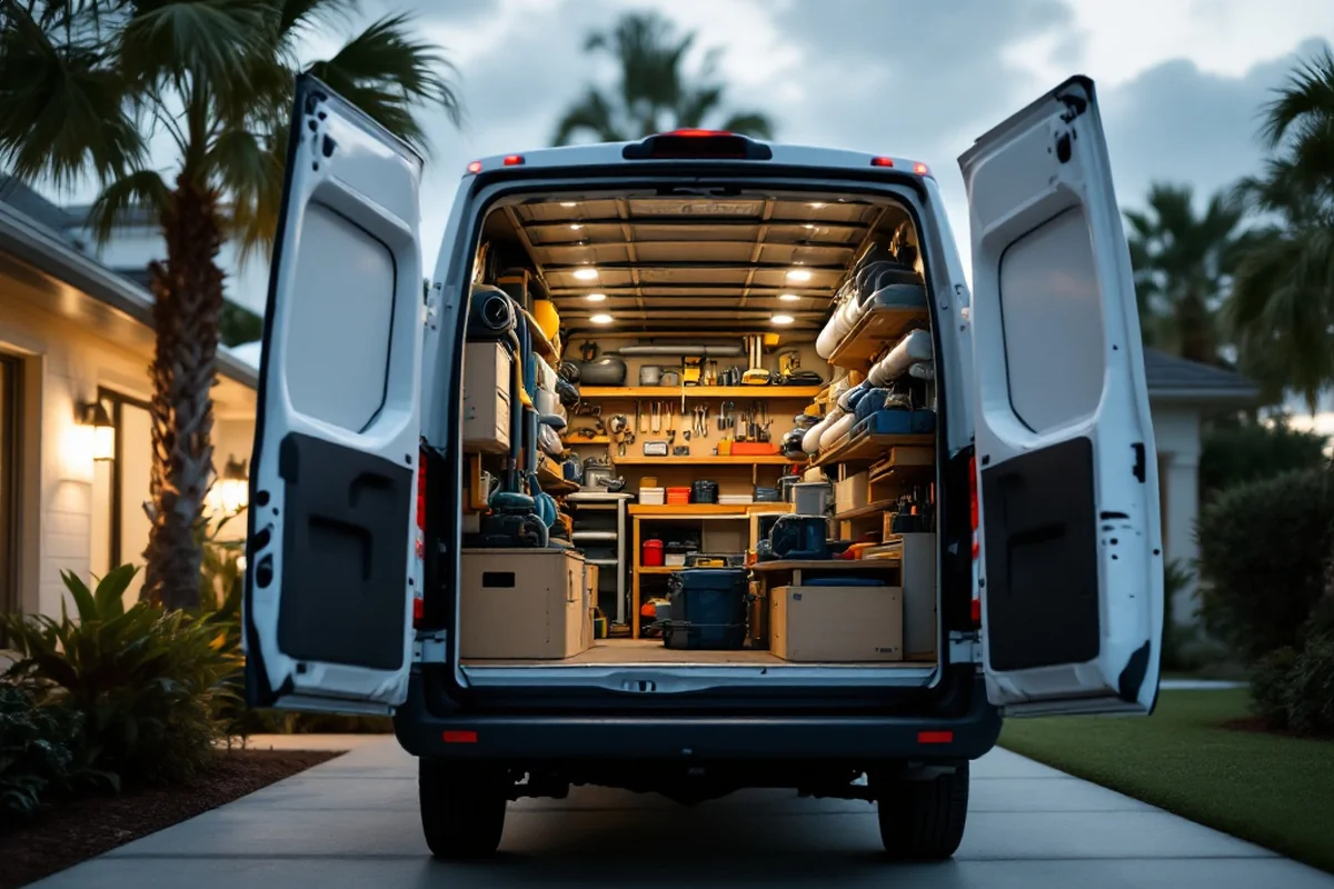 Contractor work van with rear doors open showing organized tool and pipe storage in a Florida driveway