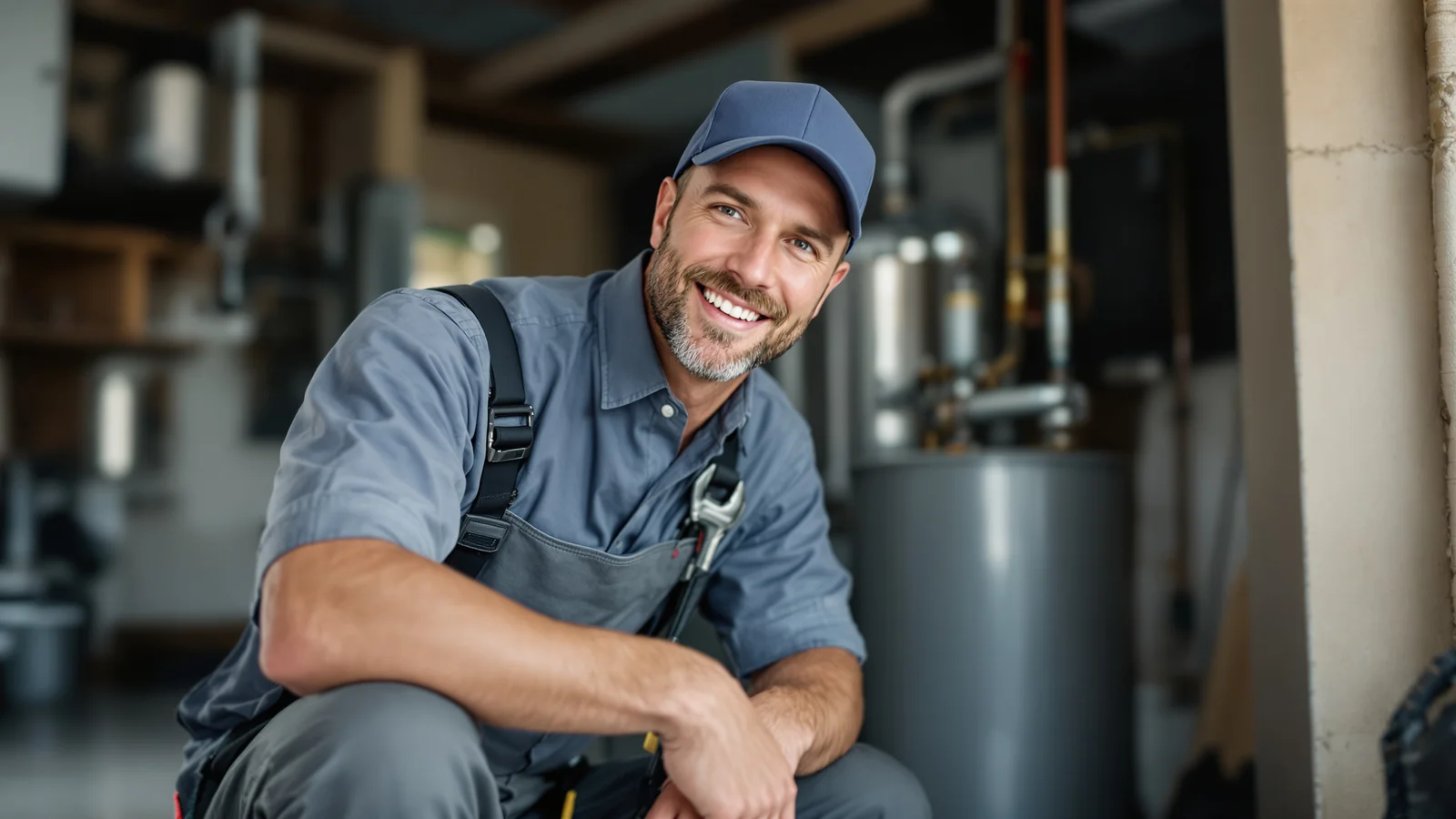 Plumber kneeling beside an open water heater in a Florida residential garage, tightening a fitting with a pipe wrench