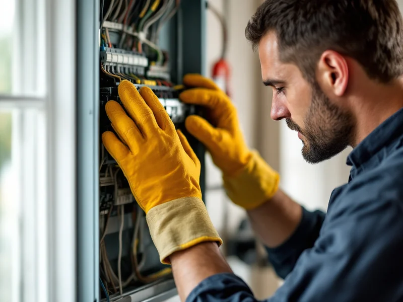 Electrician wearing insulated safety gloves working inside a residential electrical panel