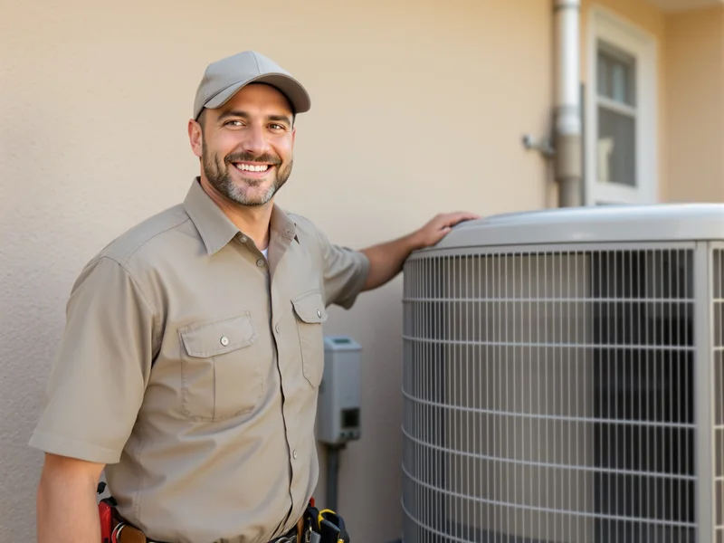HVAC technician servicing an outdoor air conditioning condenser unit beside a Florida home