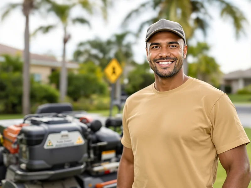 Landscaper operating a commercial mower on a Florida residential lawn with palm trees