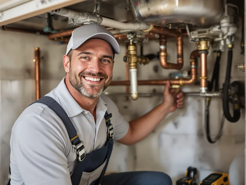 Plumber installing copper pipework under a kitchen sink in a Florida home
