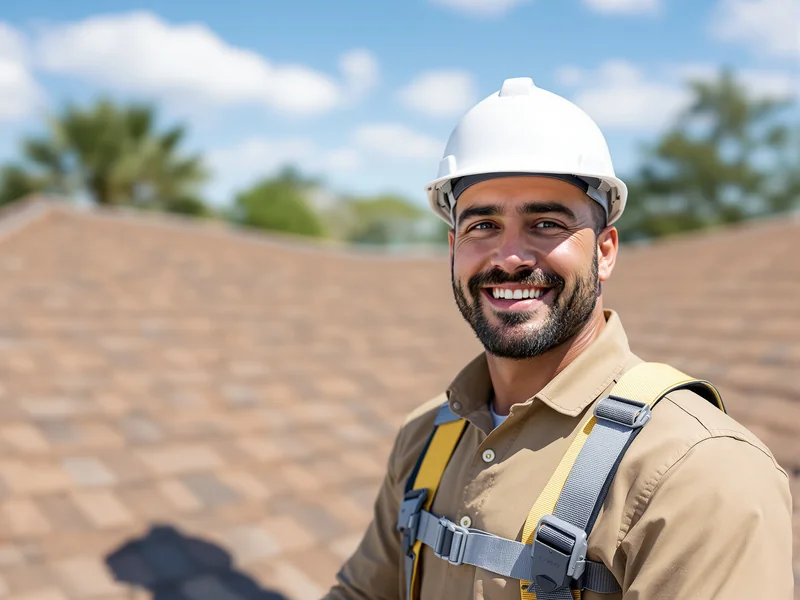Roofer wearing a safety harness laying shingles on a Florida residential roof