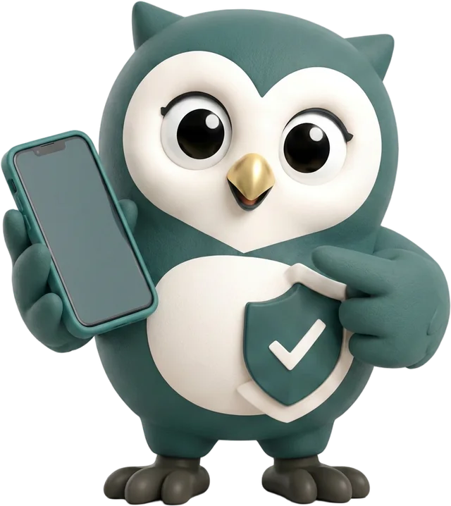 Sovic, the Sova Insurance mascot, holding a phone